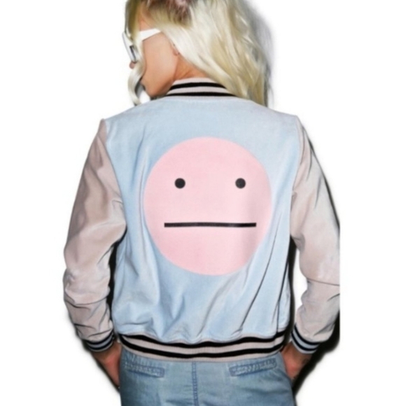 new Wildfox Baseball Rare Pink & Blue Jacket Smiley Meh Face Barbie Varsity S - Picture 1 of 16